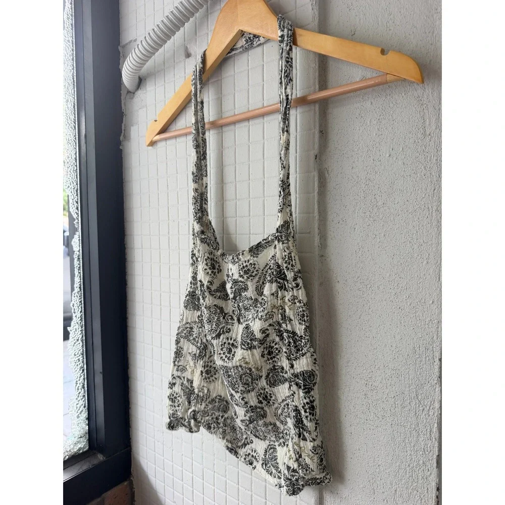 Free People Black Paisley Cotton Gauze Small Tote Bag OS Boho Reusable